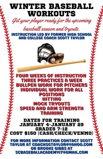 SCBaseballAcad's tweet image. We are looking forward to baseball winter workouts. Workouts will start on January 4 and end on January 29. Workouts will be at Priceville fields on Tuesday nights, Friday nights and Saturday mornings/afternoons. Use the link provided to register - forms.gle/jpwDa9tE3hT9Un…