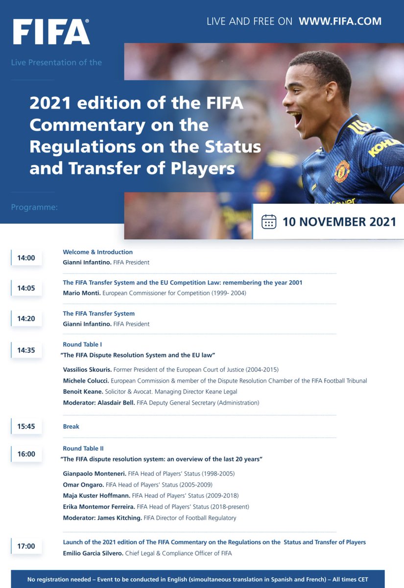 GarciaSilvero's tweet photo. On November 10th, we launch the 2021 edition of the FIFA Commentary on the RSTP.

Don’t miss the extraordinary event that we have prepared:

 - Live-streaming on https://t.co/ltEfJmzihi (14hCET)
 - Simultaneous interpretation 🇪🇸 &amp; 🇫🇷

More info 👇👇

https://t.co/SReDIs5y3h https://t.co/wfCghllOgV
