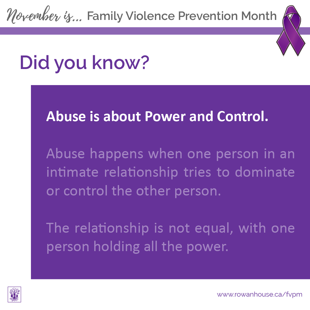 RowanHouse's tweet photo. Did you know... Abuse is about Power and Control.

November is Family Violence Prevention Month. Visit https://t.co/wG018W7cjV to see how you can take a stand.

#fvpmAB #healthyrelationshipsmatter #endabuse #GoPurpleAB #familyviolenceawareness https://t.co/QUfhvLtv5E