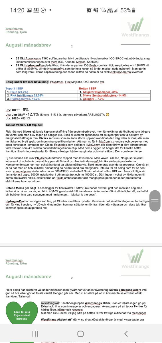 westfinangs's tweet photo. Oktober månadsbrev enligt bifogat. Sivers svaga prestation belastar månaden mycket. Vinden vänder tids nog <3
#Siverssemiconductors #Plejd #Calmark #Absolicon #Irlab #Ovzon #PatriotOneTech #eEducationAlbert #HydrogenPro #Metacon #AlligatorBioscience  #CTM  #RiskIntelligence https://t.co/dO30XgDWrN