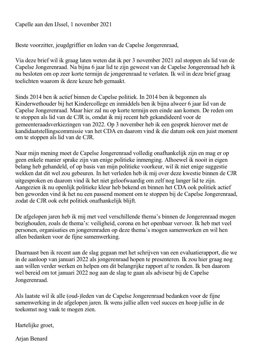 Zojuist heb ik de Jongerenraad laten weten dat ik per 3 november zal stoppen als lid van de CJR. Lees hier mijn brief👇🏻