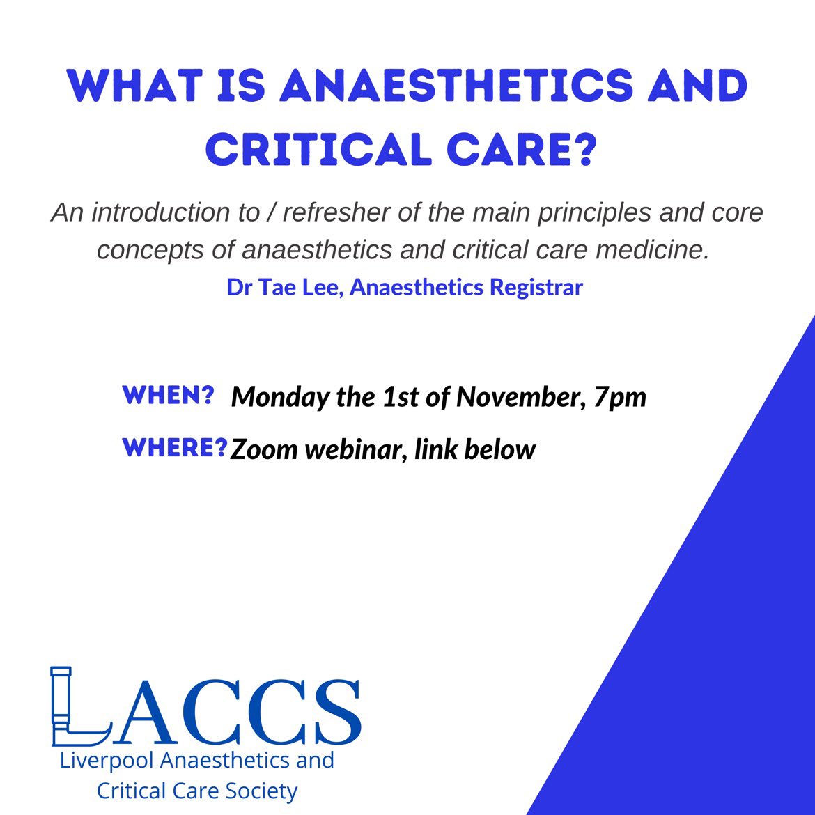 LivACCS's tweet photo. Join us at 7pm for our first talk of the academic year!! This talk will be a great intro to anaesthetics and critical care for students in years 1-3 as well as a good refresher before placement in years 4-5. Zoom link below ⬇️ https://t.co/jOBX4yWCZD