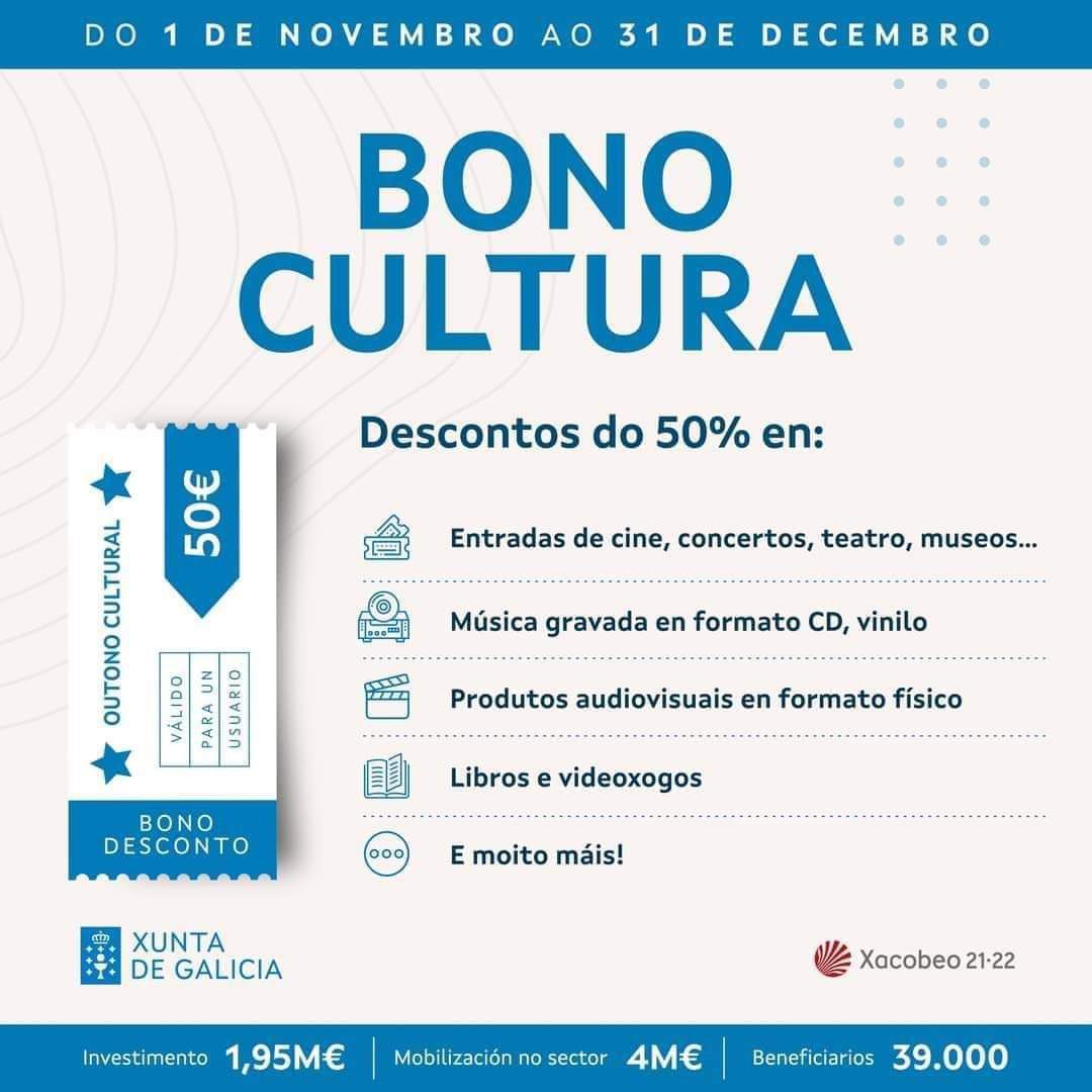 Desde hoxe e ata o 31 de decembro xa podemos descargar o #BonoCultura da <a href="/Xunta/">Xunta de Galicia</a> . Un bono de 50€ con descontos do 50% para mercar libros, música, videoxogos, cine, concertos etc

🔗Máis información na seguinte ligazón 

bonocultura.gal