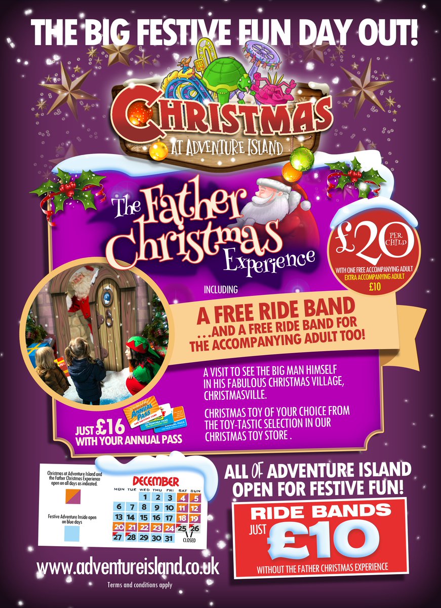 🎄Who's excited for Christmas?!🎄
For just £20 you can meet Father Christmas, get a present from the Toy Store, and get a wristband for the rides! 🎅 The accompanying adult will get a wristband too! 🎁
Don't miss out on the festive fun and book now! ⛄ adventureisland.co.uk/adventure-wond…