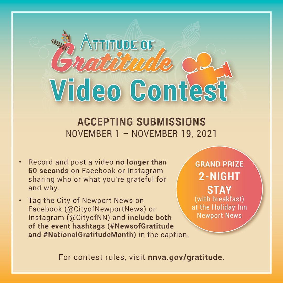 CityofNN's tweet photo. Here's your chance to win! We are awarding prizes for 1st, 2nd & 3rd place. In 60 seconds or less, tell us what or who you are thankful for! Tag us & use hashtags #NewsofGratitude & #NationalGratitudeMonth! Submit your video by November 19 to enter. https://t.co/QXLRnWOirH https://t.co/TsB0WAL3rg