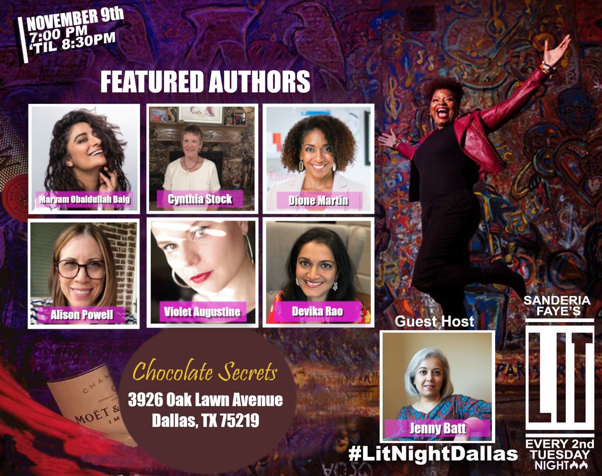 LitnightDallas's tweet photo. Checkout these featured authors from Writing Workshop Dallas, and they’re ready give a stellar performance at LitNight Reading Series, hosted by Jenny Bhatt  @ Chocolate Secrets, Tuesday, November 9, 2021. And of course, yours truly, Sanderia Faye will be there hyping it up. https://t.co/OPcMlIGjD0