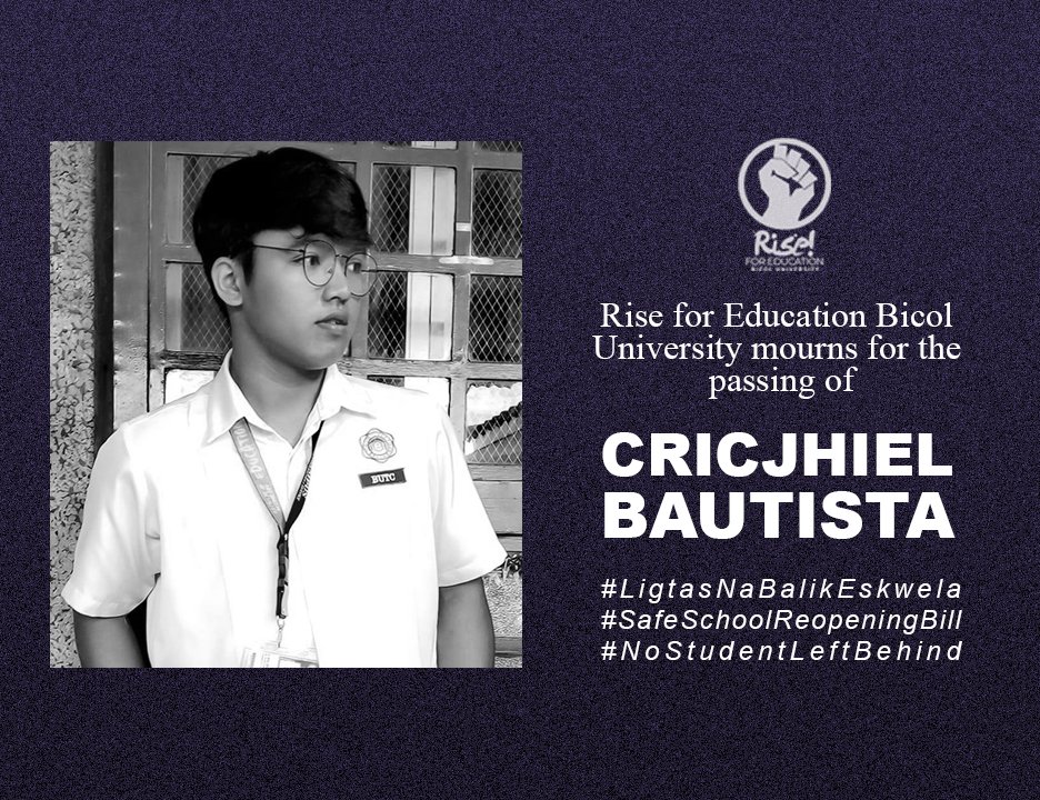 risebuofficial's tweet photo. Rise for Education Bicol University, together with the entire BU community, mourns the passing of Cricjhiel Bautista, a student of BSEd Science 3-A in BU Tabaco Campus. We extend our condolences to the bereaved family and friends of the victim. https://t.co/we2fwSHgL5
