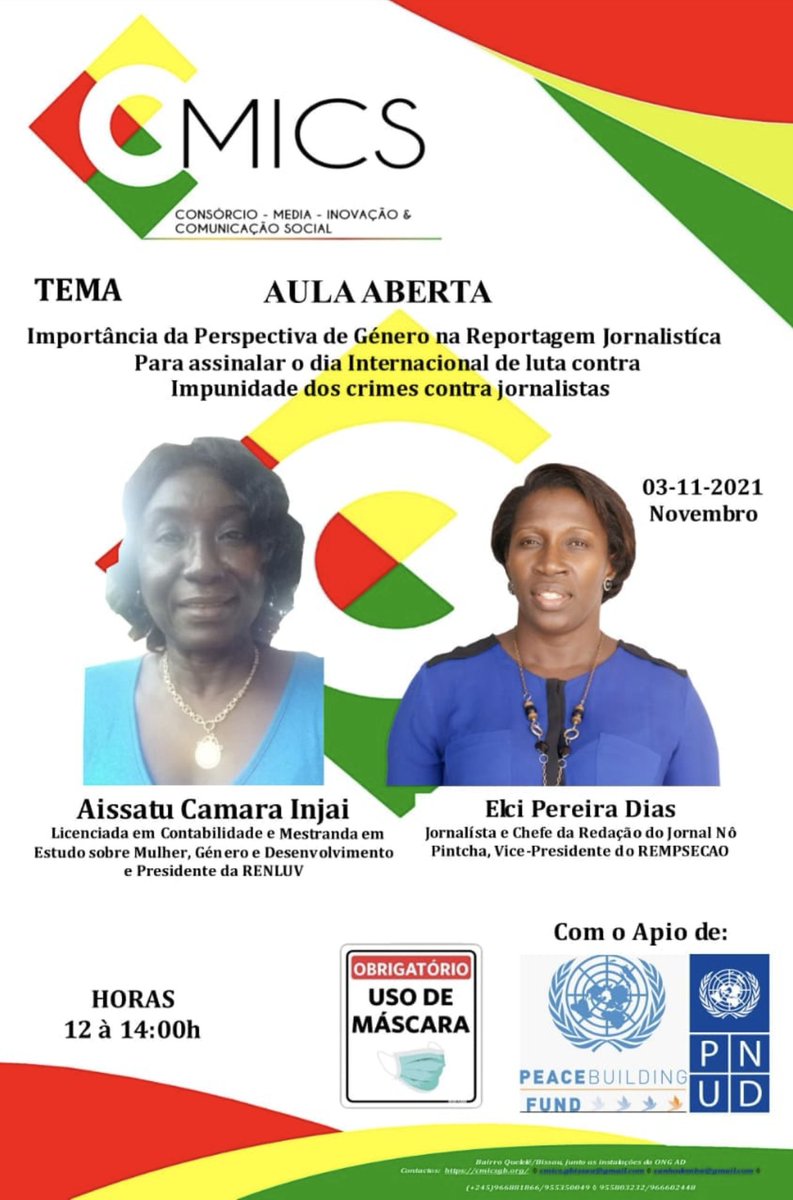 BissauUndp's tweet photo. As the world celebrates International Day to end Impunity for crimes against Journalists tomorrow, #CMICS🇬🇼with the support of @BissauUndp organizes an open class to address the theme "The gender perspective in journalistic reporting. Learn more!
https://t.co/7KdpCyMPhK https://t.co/Qtpq7fju6q