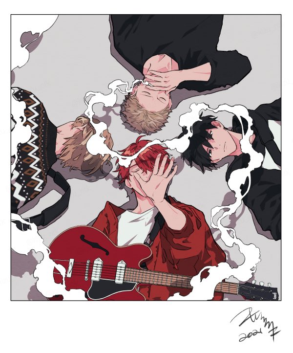 multiple boys smoke male focus black hair instrument red hair guitar  illustration images