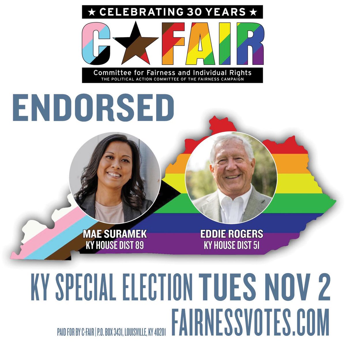 The important KY Special Election is tomorrow! <a href="/MaeSuramek/">Mae Suramek</a> &amp; Eddie Rogers for KY State House are C-FAIR-endorsed—find out if you’re in these districts &amp; VOTE! FairnessVotes.com