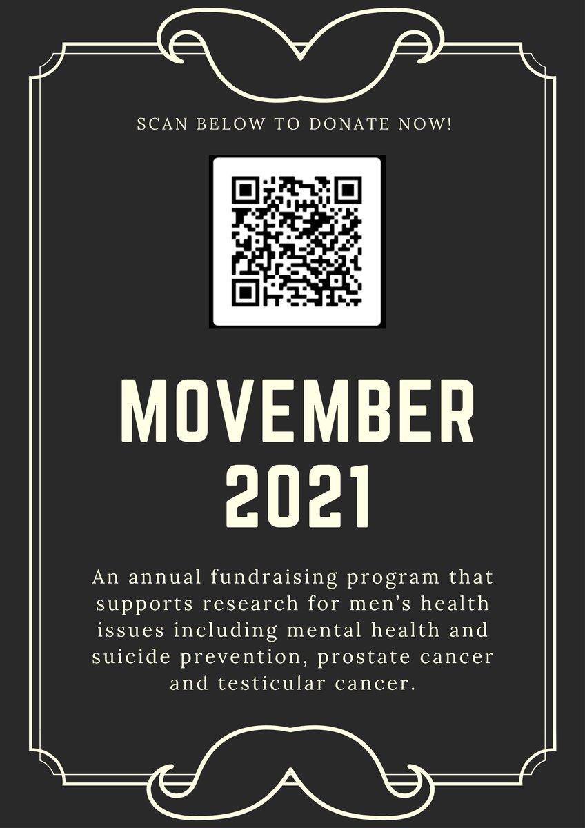 Movember has begun!

A few members of our team have decided to participate, and we have created a team to help fund important research!

You can scan the QR code or visit ca.movember.com/donate/details…
to donate and help fund important medical research for men's health.