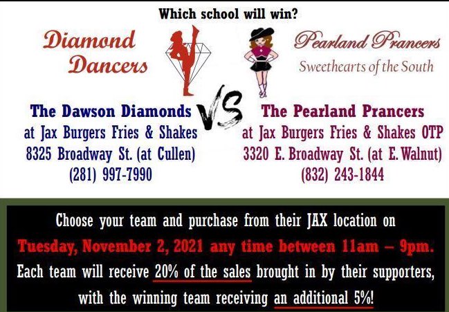 DawsonDiamonds's tweet photo. The boys will battle it out on the field but we have our own battle with @plandprancers during Rivalry Week! Make plans to dine at the Cullen Blvd JAX, on Tuesday Nov 2, to help us win our Spirit Day/Night competition. The winning team gets an additional 5%! Mention Diamonds! https://t.co/yUhqBLvrz6