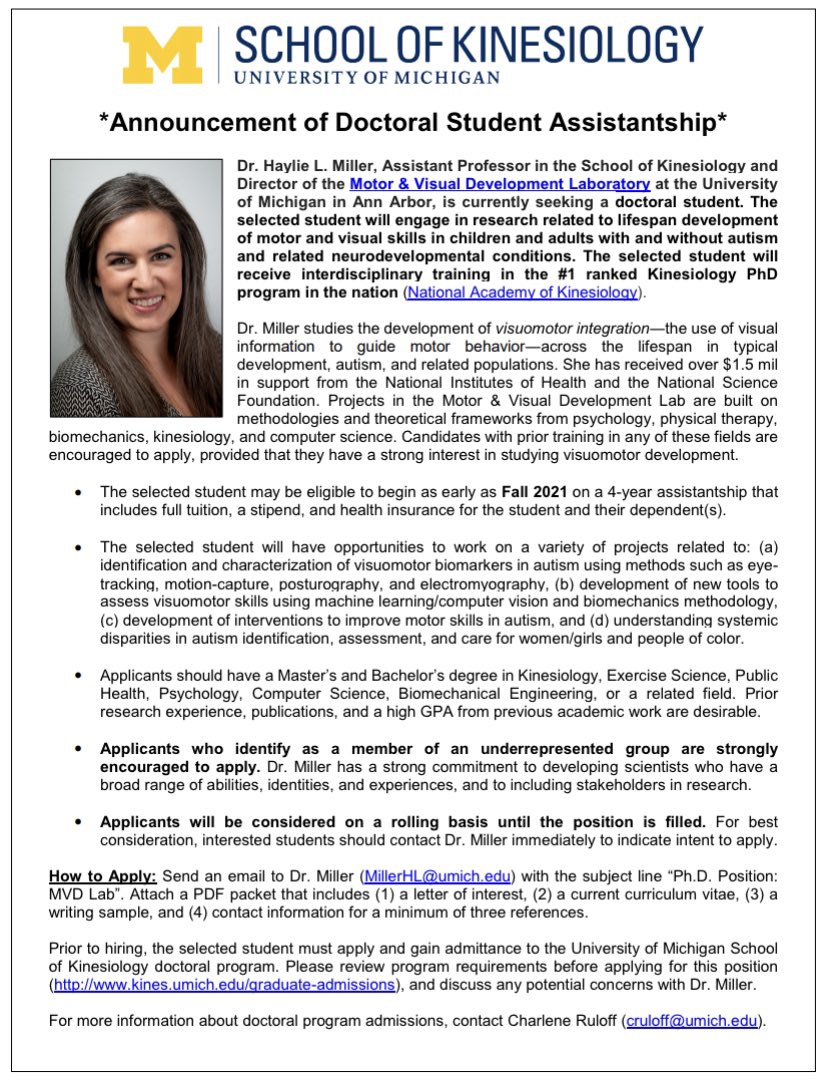 haylie_miller's tweet image. Looking for a #PhDPosition focused on autism, motor development, &amp;amp; vision? 👀 The MVD Lab at @UMich is looking for you! ✨#ActuallyAutistic applicants✨ &amp;amp; folks from @IntWomenBiomech 
@IMDRC_MotorDev @AutismINSAR are strongly encouraged to apply!

Apps to @UMKines due Dec 1! ⏰