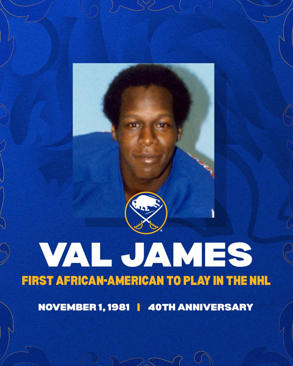 BuffaloSabres's tweet photo. Exactly forty years ago, Val James made history as the first African-American to play in the NHL. 

We’re so proud he was a Buffalo Sabre, and we celebrate him today! https://t.co/zWXGg2VIFi