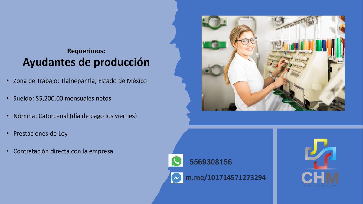 ch__mexico's tweet photo. ¿Conoces a alguien con el perfil para esta #vacante? Ayudante General de Producción. Tlalnepantla de Baz, #EstadodeMexico. Más info en https://t.co/03ZeLpRlPl https://t.co/TywwXm978H