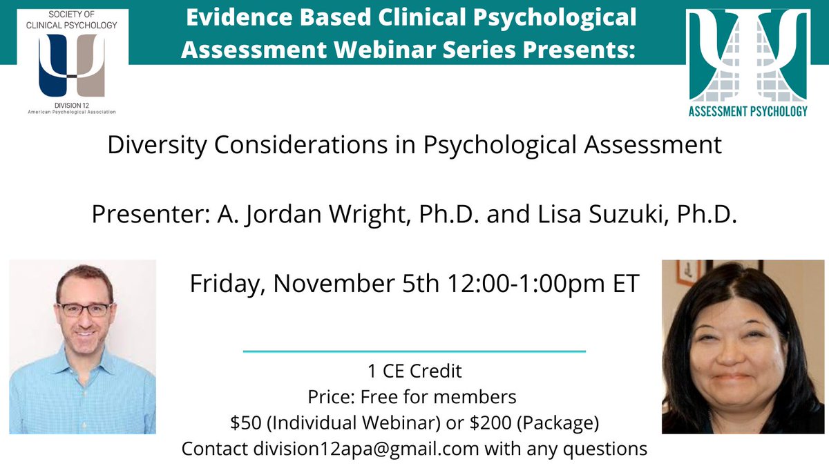 APAD12_S9_ASMNT's tweet photo. Join us this Friday at 12pm ET for the next webinar in our Evidence Based Psychological Assessment series co-sponsored with @SCPdiv12 
Register here: https://t.co/XmMma6RHDR https://t.co/RzQ3YupnmT