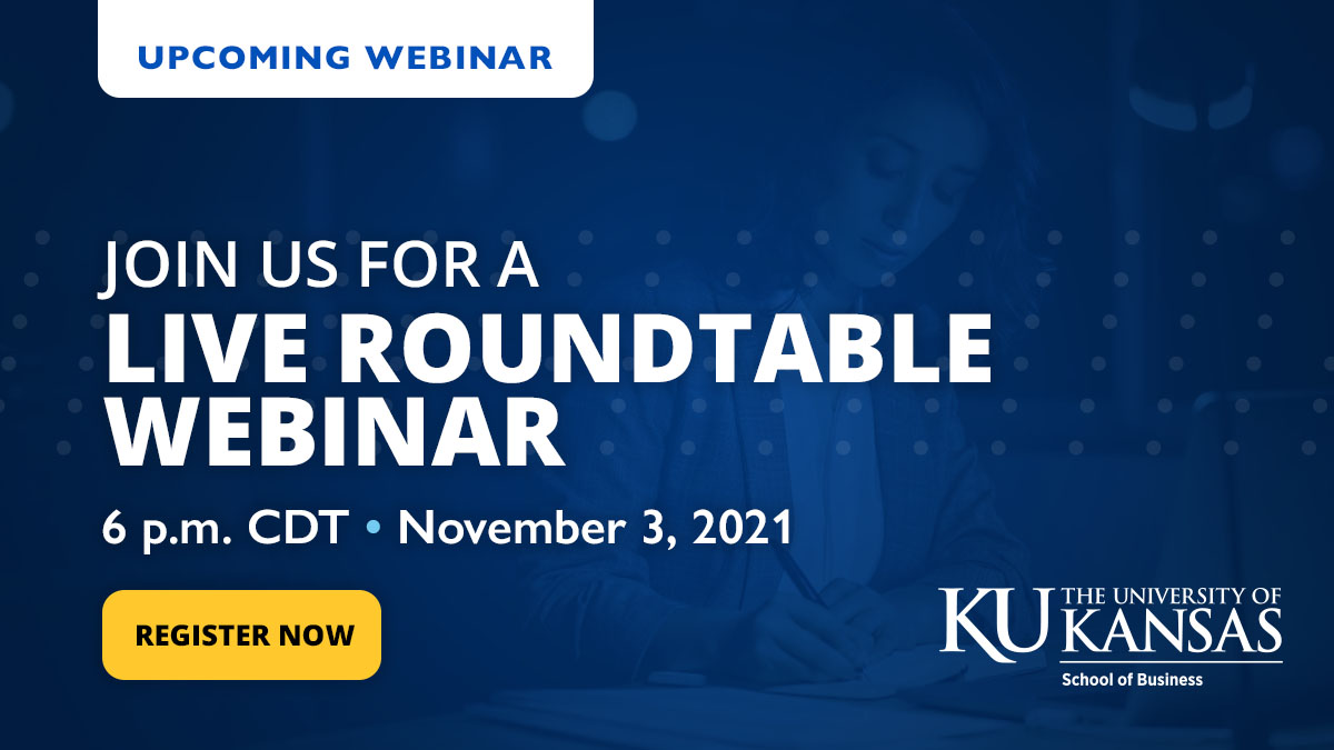 Join our roundtable event 6 p.m. CST Nov. 3 to hear online MBA student experiences, coursework, networking opportunities and more with current students, faculty, career resources and financial aid advisors. Questions are encouraged. bit.ly/3AB7lve