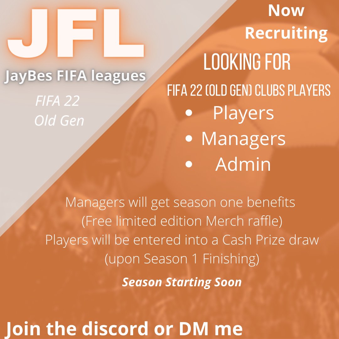 91Jaybe's tweet photo. Looking for an old gen FIFA league? Look on further.
***JFL***
Discord with over 300 Members โ๏ธ
an admin that thrives on community building โ๏ธ
Cash Prizes / Merch giveaways โ๏ธ
Join the discord - https://t.co/05IPVg6C6f
#FIFA22 #FIFACLUBS #FIFA @EASPORTSFIFA #SmallStreamersConnect https://t.co/xxlQ6WGvef