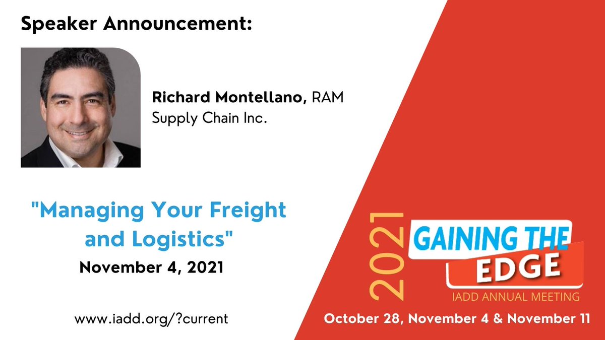 IADDStaff's tweet photo. Learn how to mitigate supply chain risks this Thursday at the IADD Annual Meeting. We are thrilled to have guest speaker, Richard Montellano, share his 25+ years' experience and insights during the session “Managing Your Freight &amp; Logistics”. Register at https://t.co/LgoK2NF5hM https://t.co/p2nqF9E7fD