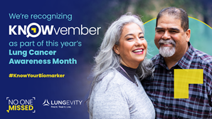 As an #NOMPartner, I'm proud to support @LUNGevity in recognizing KNOWvember as part of #LungCancerAwarenessMonth. It's vital that all non-small cell #lungcancer patients receive comprehensive biomarker testing to inform treatment. *Insert Link* #KnowYourBiomarker #NoOneMissed