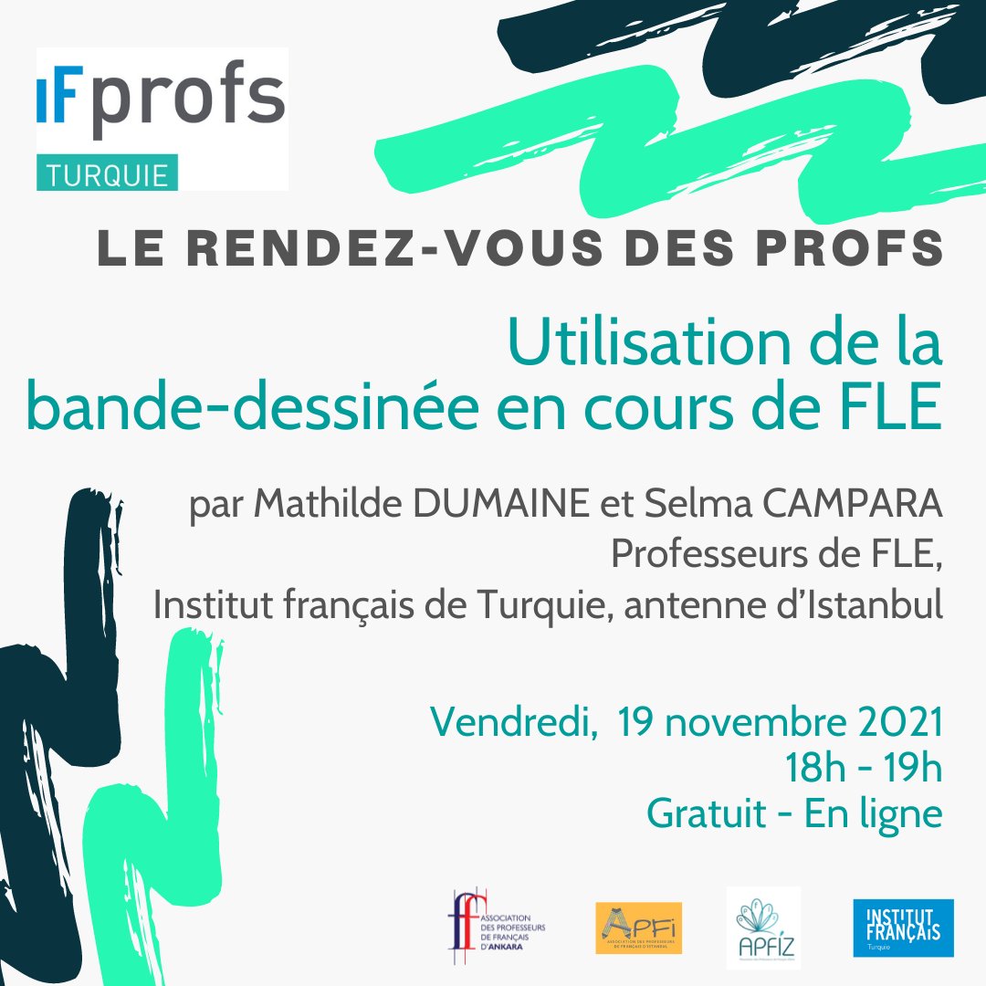 🎓 Le rendez-vous des profs: « FLE dersinde çizgi roman kullanımı »⠀⠀⠀
19 Kasım 2021, 18.00-19.00
📣 Mathilde DUMAINE ve Selma CAMPARA, IFT İstanbul FLE öğretmenleri⠀⠀⠀⠀⠀⠀⠀
Kayıt için buff.ly/3jUDRTM
