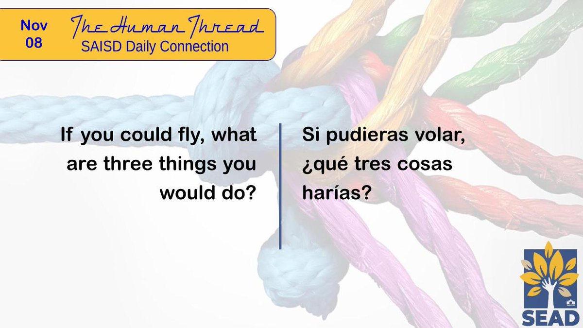 SAISD_SEAD's tweet photo. Good Morning @SAISD! Happy Monday - let's get the week started by connecting with #TheHumanThread.
@PattiSalzmann @SAISD_Counselor @SAISD_CI @saisd_avid @SAISD_FSSS https://t.co/1uD4A5d5lz