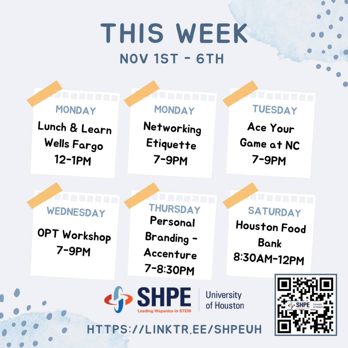SHPE_UH's tweet photo. Good morning familia,

National Convention is fast approaching and your familia has got your back! Check out this weeks' events aimed to prepare you for National Convention and improve your professional skills!

RSVP in bio
Have an amazing week!!
#SHPEUH #SHPEresent #SHPEregion5 https://t.co/bbeezhtZLj