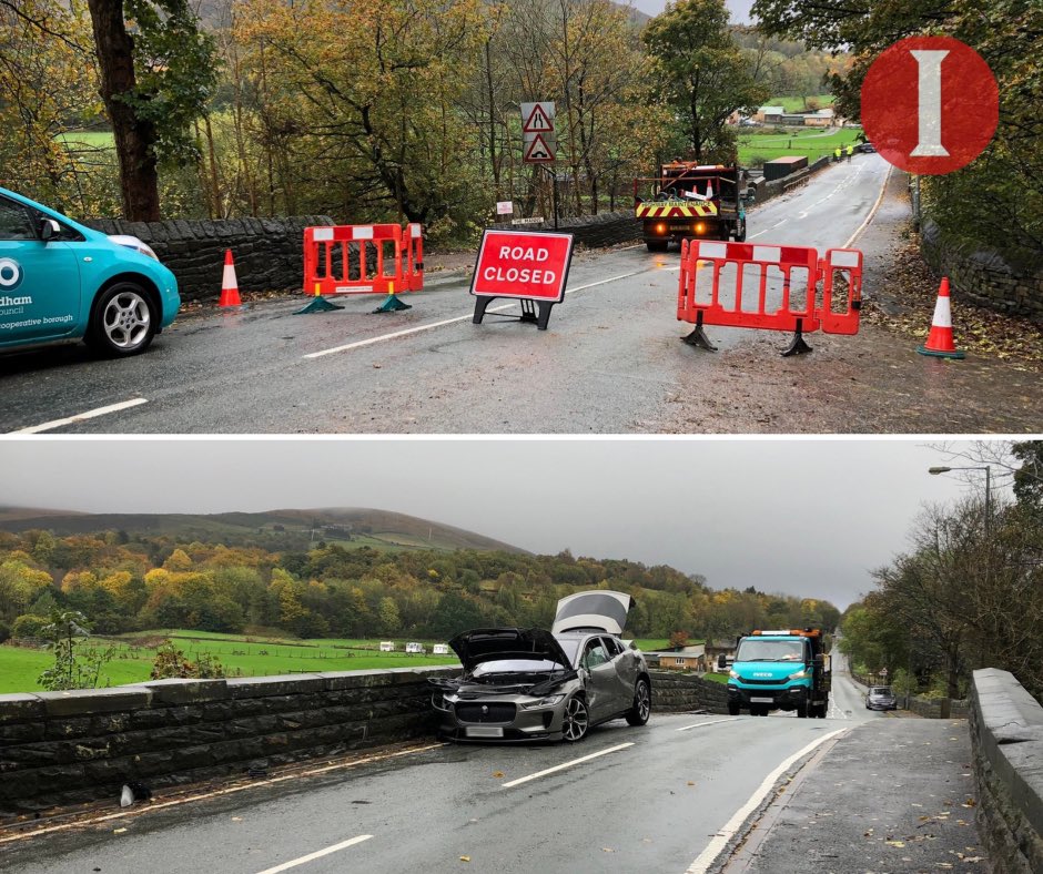 UPDATE 

Well-i-Hole Road in Greenfield remains closed after a collision between a car &amp; lorry on the bridge earlier today (Nov 1).

The Independent understands that the road is shut to vehicles &amp; pedestrians as engineers are surveying the bridge for damage