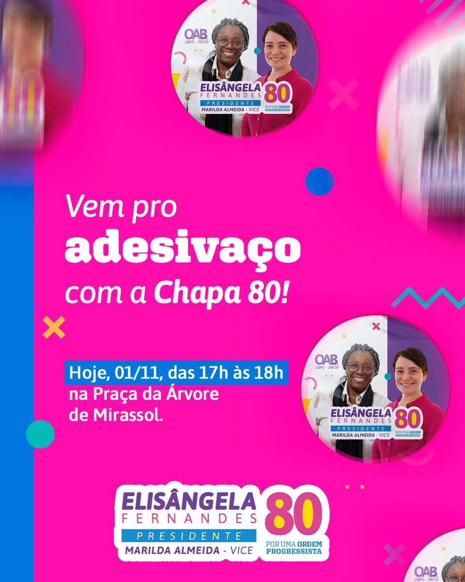 OABprogressista's tweet photo. Venha participar do nosso adesivaço, nesta segunda-feira, dia 01/11, na Praça da Árvore de Mirassol. 😉 ⠀

#AdesivaçoChapa80 #Chapa80 #PorUmaOrdemProgressista https://t.co/4Lzlydax92