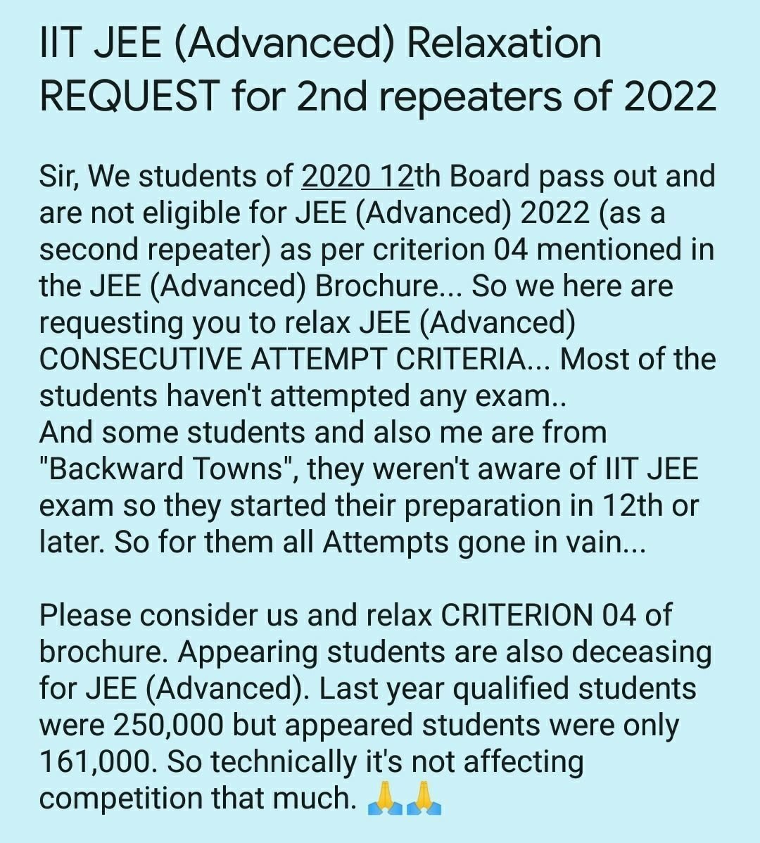 J3rdattempt's tweet photo. Maam ,pls help JEE ADV STUDENTS
#JEEAdvancedExtraAttempt https://t.co/dMsus9WbfV