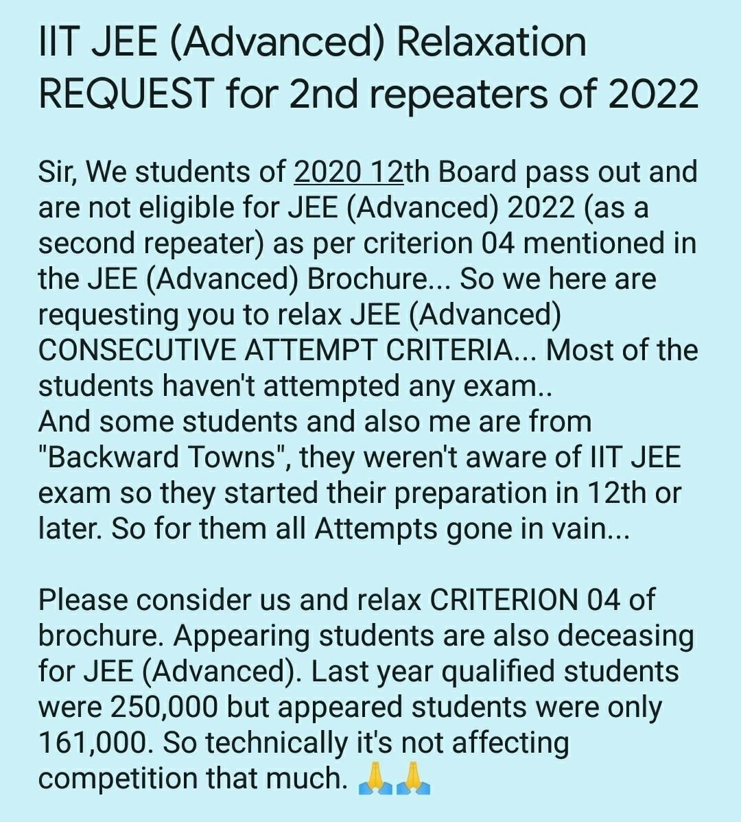 J3rdattempt's tweet photo. @NidhiTanejaa @newstakofficial Pls help Jee Adv students maam
#JEEAdvancedExtraAttempt https://t.co/YF2BW5gq1a