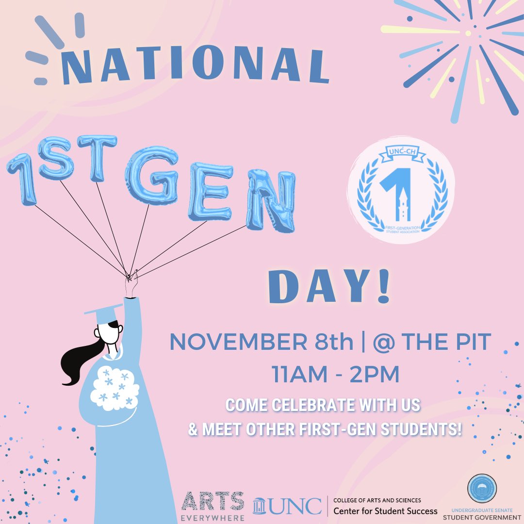 uncfirstgens's tweet photo. 🎉🥳Hey First-Gens! National First-Generation College Students Day is coming up quick! Join us at the pit on November 8th for fun games, photo ops, FREE food, and prizes! Hope to see you all there! 🥳🎉 https://t.co/pbe9tpuaZ3