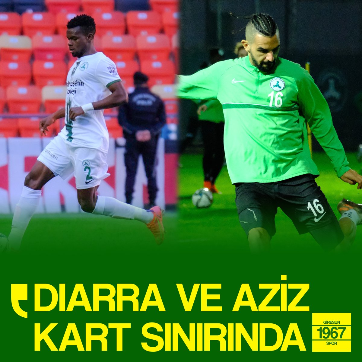 grsnspr1967's tweet photo. 🗞️GZT GİRESUNSPOR defans hattının iki önemli ismi Diarra ve Aziz, sarı kart sınırında.
Antalyaspor maçında sarı kart görmeleri halinde bir sonraki hafta oynanacak olan Sivasspor maçında forma giyemeyecekler.
#Giresunspor
#Diarra
#AzizBehich https://t.co/txlfrrxaXD