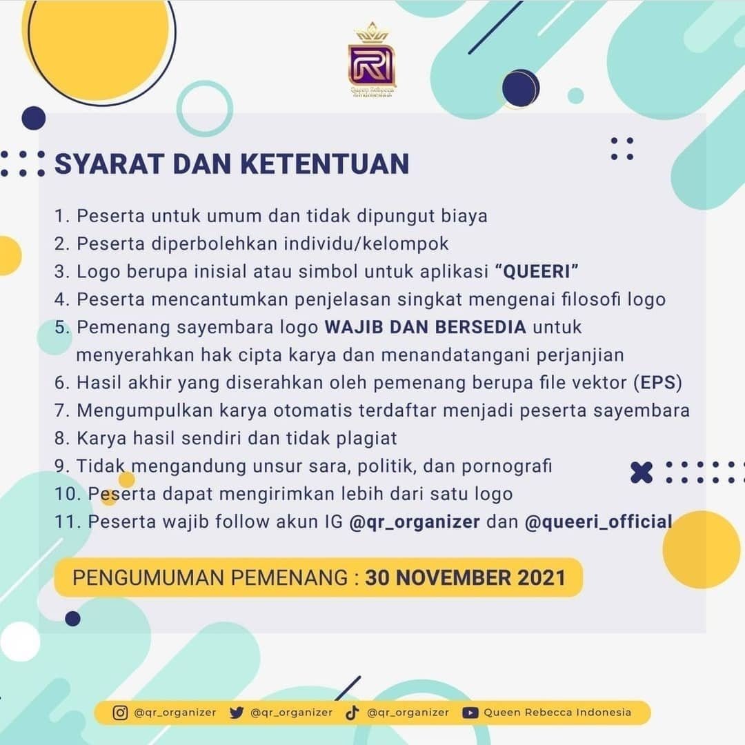 qr_tour's tweet photo. [Sayembara Logo Aplikasi Queeri]

📣 Calling all Designers
🇮🇩 Indonesia Only

we would like to invite you to join our logo design contest

💰Prize : Rp 1.000.000 (1winner)
🗓️ End : 25 Nov 2021

@queeri_official

#QR_Organizer #Queeri #LombaDesign #LombaDesain #DesainLogo https://t.co/GV8Zqqbv5O