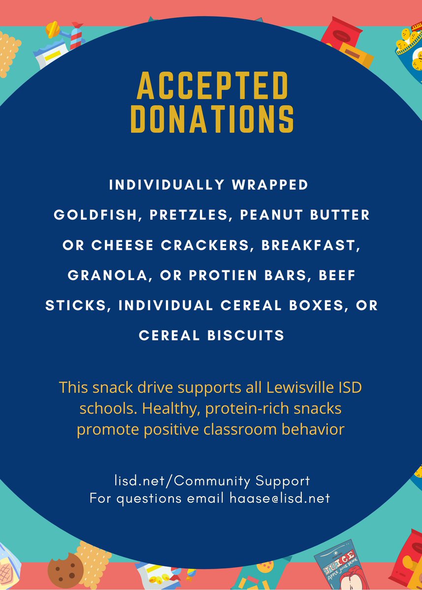 LISDsocialwork's tweet image. Just a reminder we are hosting a snack drive this Saturday, November 6th, from 10am-12pm! These individually wrapped snacks will benefit students across LISD!