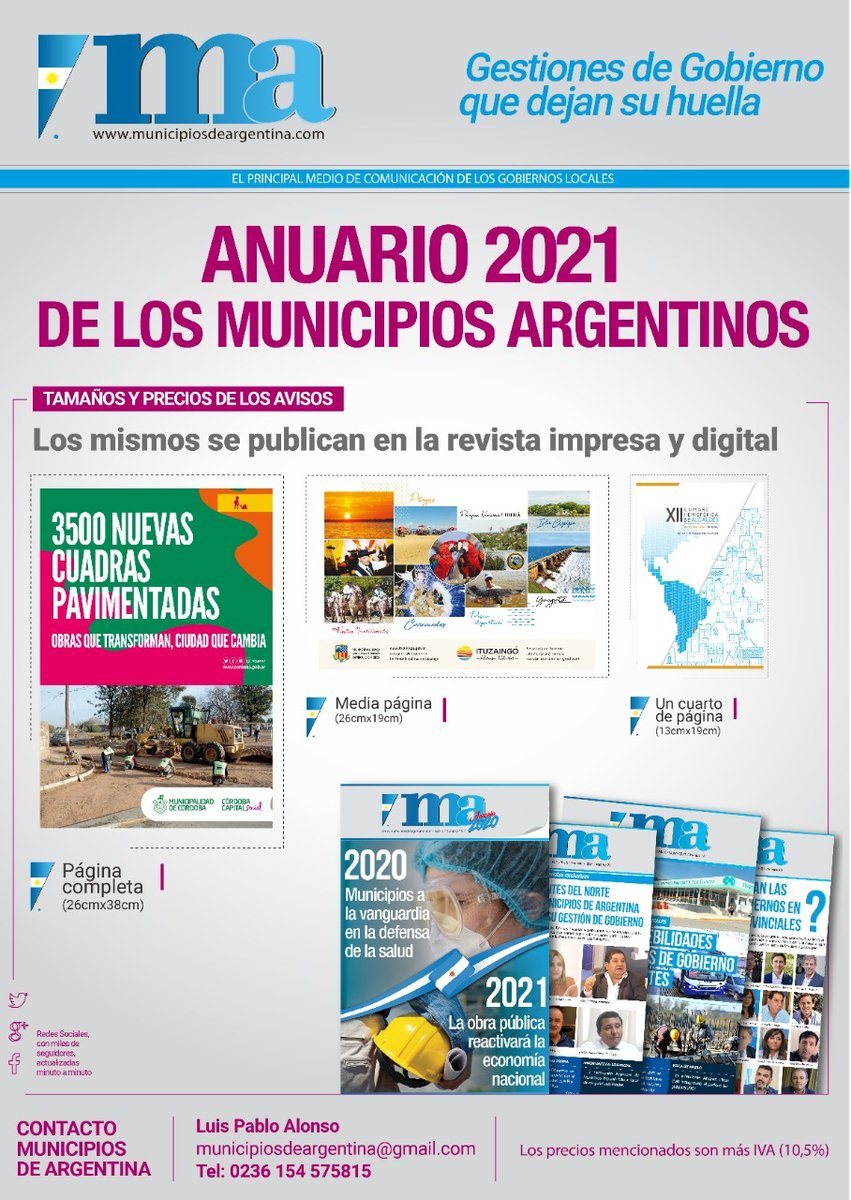 MARIOBO03774869's tweet image. ⚠️Última semana para sumarte a los espacios publicitarios de la revista Federal de Comunicación de Gobiernos Locales. Municipios de Argentina 

Posiciona tu gestión de gobierno, hace conocer tu Ciudad. 
Presentes en todas las Provincias del País🇦🇷🇦🇷🇦🇷

#Soportedigital