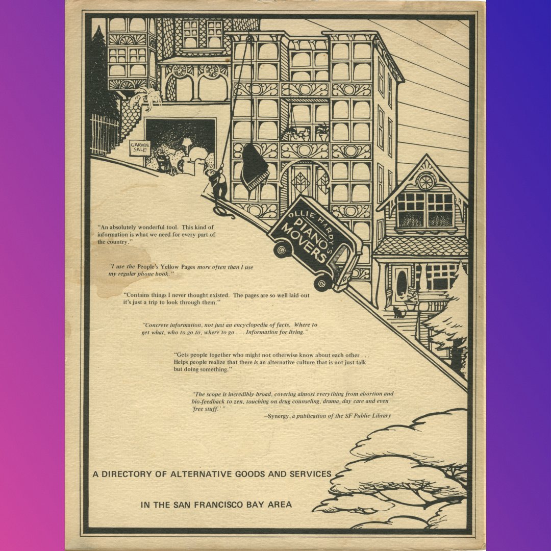 PeoplesGDArc's tweet photo. The San Francisco Bay Area People’s Yellow Pages, 1975
contributed to the Archive by @stewf
Becky Wilson (cover design)
.
#PeoplesGDArchive #GraphicDesignHistory #GraphicDesignArchive #YellowPages #WomeninDesign #UndergroundDesign #CounterCulture #SanFrancisco #TelephoneBook https://t.co/YupoRMzJ6t