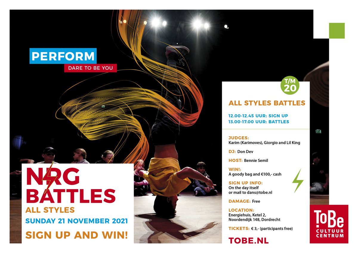 Wil jij jouw moves laten zien aan het publiek? Kom dan op zo 21 november naar het #Energiehuis in #Dordrecht.

De NRG Battles All Styles zijn voor de beginnende en ervaren danser t/m 20 jr.
ow.ly/8RzQ50GCnqb
#dancebattles #danswedstrijd #breakdance #hiphop #hiphopdance