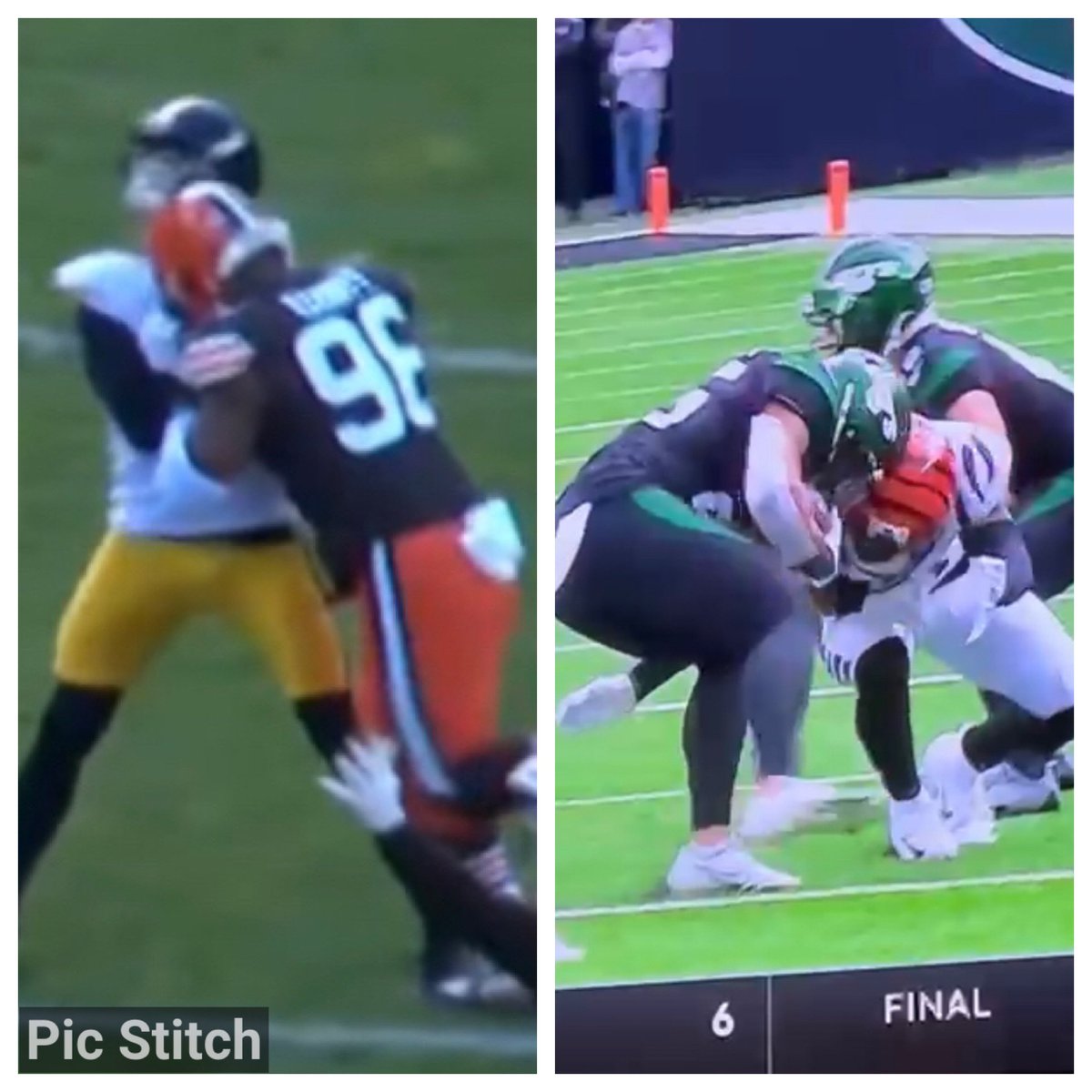 TraiDay79's tweet photo. I need some help with this one @NFLOfficiating…On the left we have a defenseless passer who gets hit with the crown of the helmet.  On the right, a runner who lowers he head into the defender.  The runner gets the penalty.  The passer does not.  Make it make sense please https://t.co/pyZdQ4qdqM