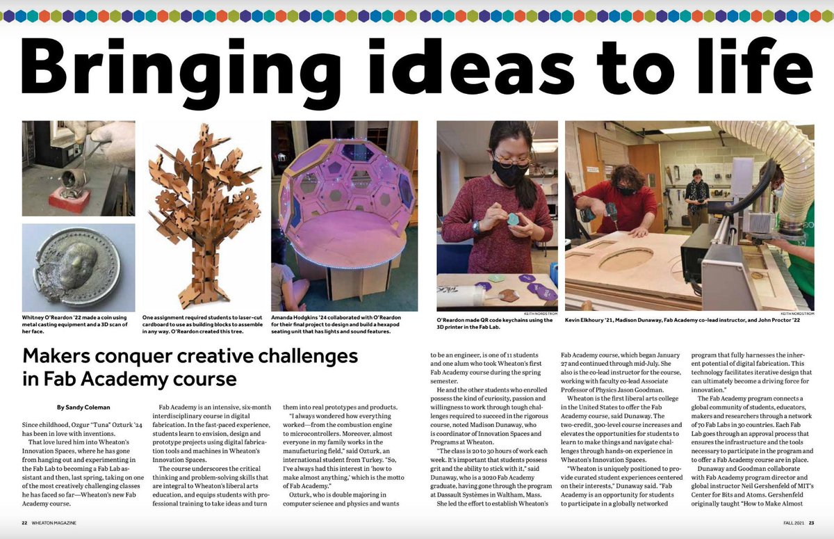 fabacademany's tweet image. 😊Thanks, @wheaton for this incredible article on @fabacademany - "Bring Ideas to life -Makers conquer creative challenges in Fab Academy course" Read more shorturl.at/prvOY pages 24-29 #FabAcademy2022 #digitalfabrication #fabacademy @FabFndn