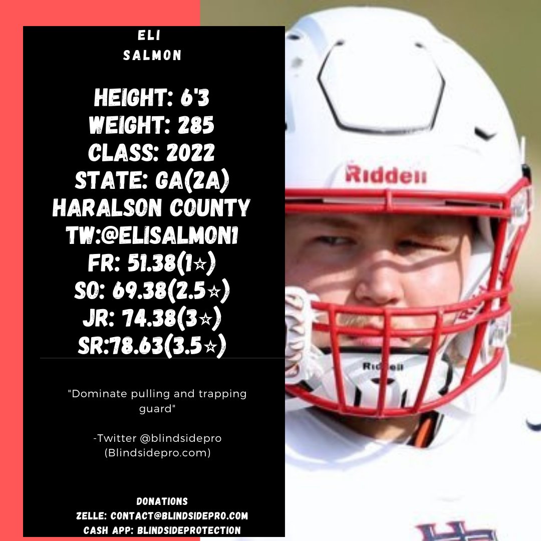 Shout out to <a href="/EliSalmon1/">Eli Salmon</a> we are officially awarding him his 3.5⭐. He is a legit #D1 caliber player. He has a good grasp of the fundamentals of offensive line play. He is a load on any pulling and trapping plays. He worth a visit and offer! #gahs #offerhim
hudl.com/v/2G52Hf
