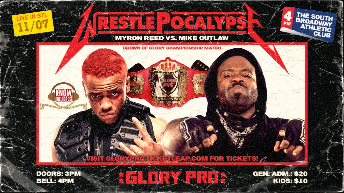 WeAreGloryPro's tweet image. The WrestlePocalypse begins this Sunday!

Special thanks to all of our great sponsors who made this huge event possible

@UpDownSTL 
@RNRFables 
@grandelwrestle 
@KTR_Podcast 

Tickets on sale now!