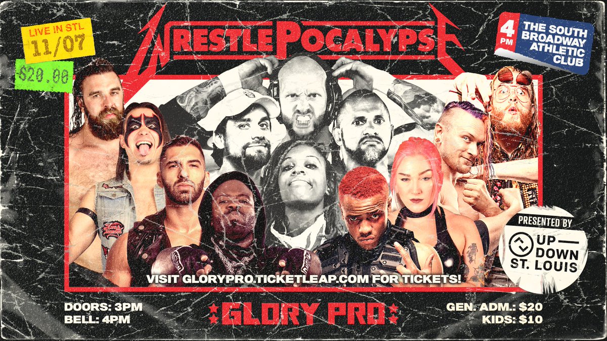 WeAreGloryPro's tweet image. The WrestlePocalypse begins this Sunday!

Special thanks to all of our great sponsors who made this huge event possible

@UpDownSTL 
@RNRFables 
@grandelwrestle 
@KTR_Podcast 

Tickets on sale now!