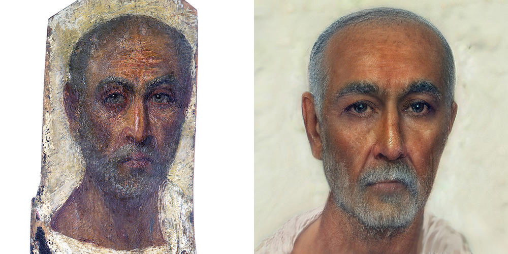 dvoshart's tweet image. One more... Mummy portrait of an old man, tempera and encaustic on wood, last quarter of the 1st Century AD. Reprocessed with assistance of Machine Learning tools. @Artbreeder  #NeuralFilters @Photoshop