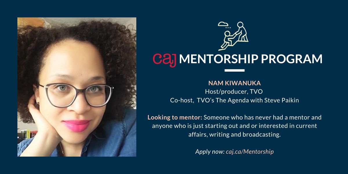 As a host and producer at TVO, <a href="/namshine/">nam kiwanuka</a> understands how best to tell stories through broadcast. 

She was previously a MuchMusic VJ and videographer, and has worked with CTV, Sportsnet and other broadcasters. 

She's ready to mentor- apply today!!!
caj.ca/mentorship