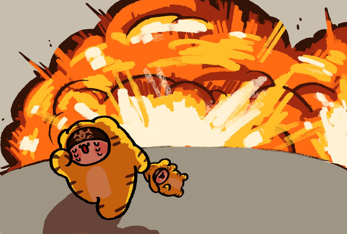 「ポストカード用に描き直した爆発から逃げるトラちゃんとコトラちゃん 」|🥞麦茶🥪(Mugi)のイラスト