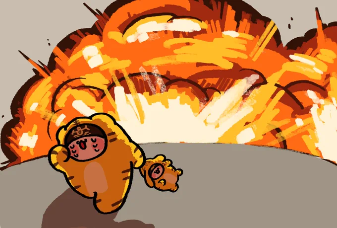 ポストカード用に描き直した爆発から逃げるトラちゃんとコトラちゃん 