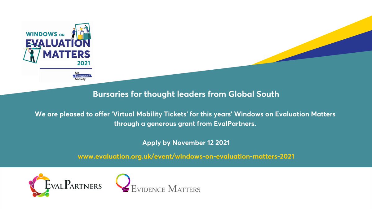 UKevaluation's tweet photo. Deadline extended for bursary tickets to #UKEvaluation Windows on Evaluation Matters!

We are pleased to offer Virtual Mobility Tickets w/ 
@EvalPartners to thought leaders in #evaluation from the Global South.

*Apply by 12th November!*

https://t.co/68fYFjEvfY

#EvidenceMatters https://t.co/5W7ZN0PvRo
