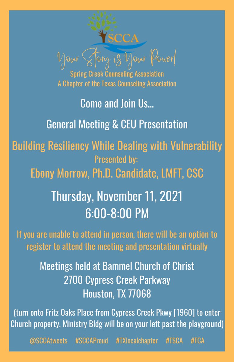 Spring Creek Counseling Association (@sccatweets) on Twitter photo Come join us for our general meeting and CEU presentation on Thursday, November 11th. We hope to see you there! #SCCAProud #TXlocalchapter #TSCA #TCA <a href="/SCCAtweets/">Spring Creek Counseling Association</a> Come join us for our general meeting and CEU presentation on Thursday, November 11th. We hope to see you there! #SCCAProud #TXlocalchapter #TSCA #TCA <a href="/SCCAtweets/">Spring Creek Counseling Association</a>