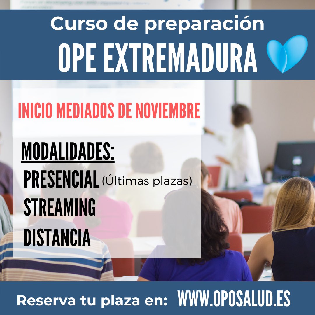 Oposalud's tweet photo. ¡Abrimos curso para preparar la OPE de Extremadura 👏🏻! Tendremos tres modalidades:
➡️ Presencial 👩🏻‍🏫.
➡️ Streaming 👩‍💻.
➡️ Distancia 📚.

🗓 Inicio del curso a mediados de noviembre.

⚠️ ¡Quedan poquitas plazas para la modalidad presencial! Reserva tu plaza: https://t.co/xCn69ihZ5N https://t.co/8D3dVDdlPM